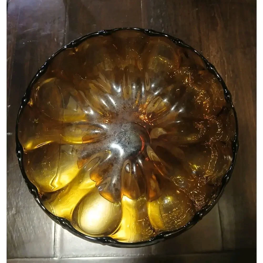 VTG Italian Empoli Amber Optic Glass Compote MCM Hand-Blown, Polished Pontil